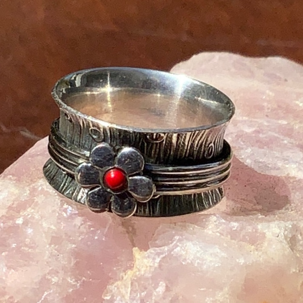 CORAL MEDITATION RING 925 STERLING SILVER RING, SIZE 6.5 - Picture 1 of 8